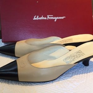 Salvatore Ferragamo Cream & Black Mules Slings 10B